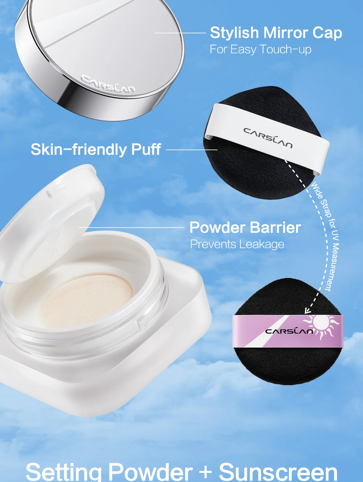 CARSLAN Cloud Touch Soft Focus Sunscreen Loose Setting Powder SPF 40 24H Longlasting Waterproof Sweatproof Face Powder Makeup