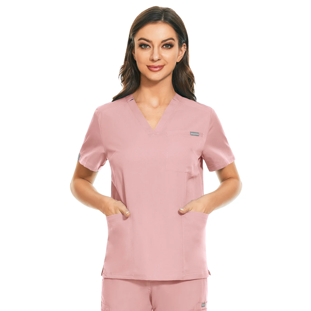 Medical Scrubs 8Colors Solid Vneck Pocket Scrub Shirt Hospital Uniform Women Men Scrub Blouse Surgical Clothes Joggers Top Medical Accessories