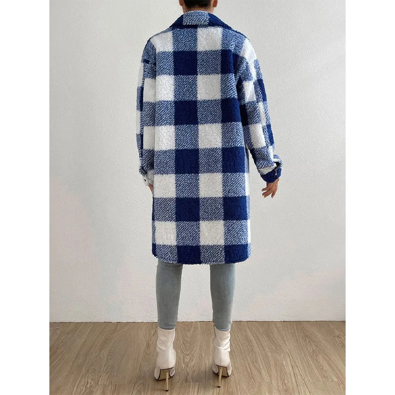 2023 New Autumn and Winter Fashion Style Style Open Buckle Collar Plush Plaid Loose Coat Temperament Commuter Women's Long Coat