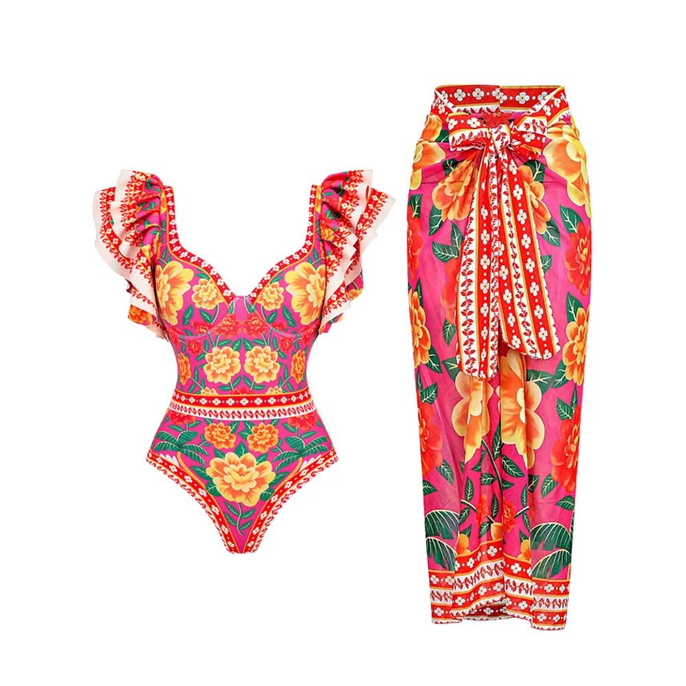 2023 Vintage Fashion Printed One Piece Swimsuits Ruffle Design Bikini Set and Skirt Women Luxury Bathing Suit Beachwear Swimwear