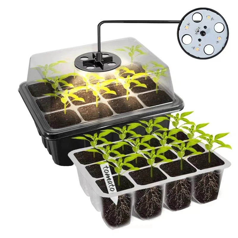 Seed Starter Tray Box LED Grow Light Nursery Pot Seedling Germination Planter Adjustable Ventilation Humidity 12 Cell
