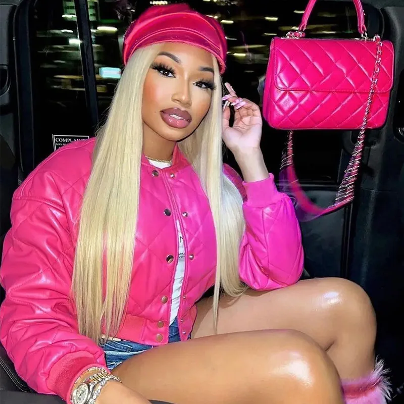 Sweet Women Shiny Pink PU Leather Jacket Coats Windbreaker Bright Faux Leather Short Jacket Outerwear Motorcycle Y2K 90s Street