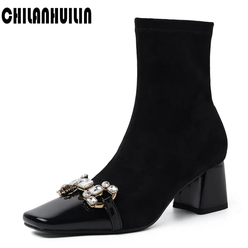 

summer autumn ankle boots for women European pop elasticity+ patent leather sexy lady square toe riding boots wedge high heels