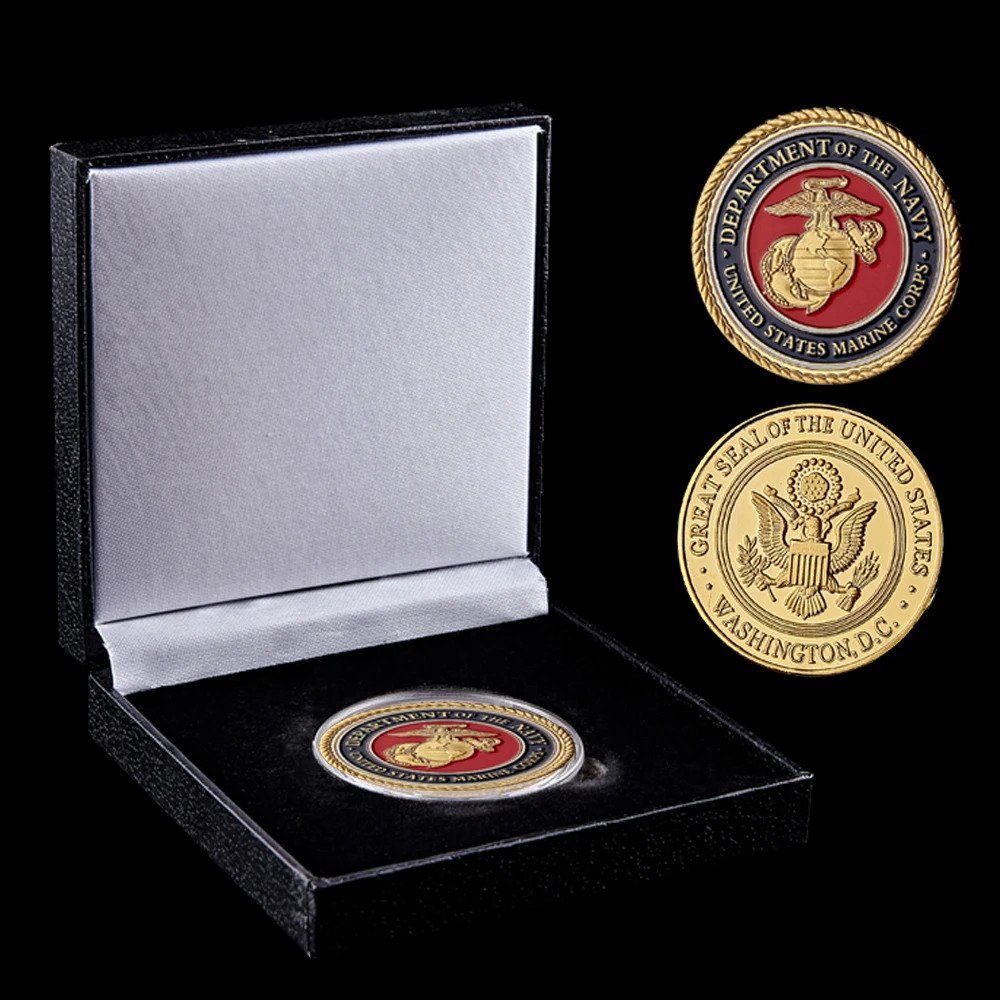 

US Marine Gold Plated Military Metal Medal Challenge USA Commemorative Coin Collection W/Luxury Box