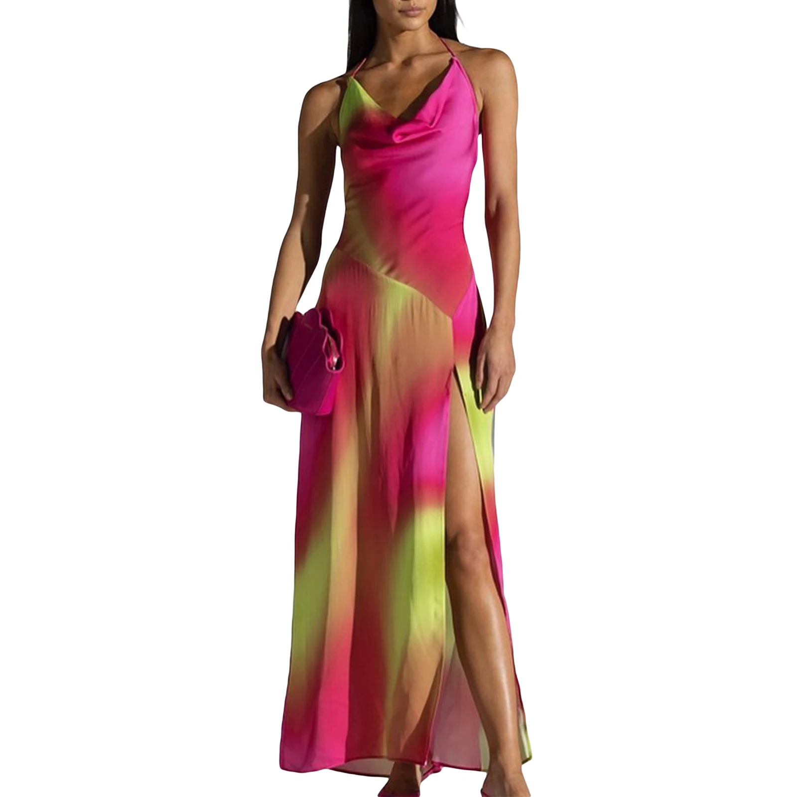 

Summer Sexy Halter Long Dress Women's Sleeveless Cross Tie-up Back Gradient Print Elegant Cocktail Party Dress Thigh Split Dress