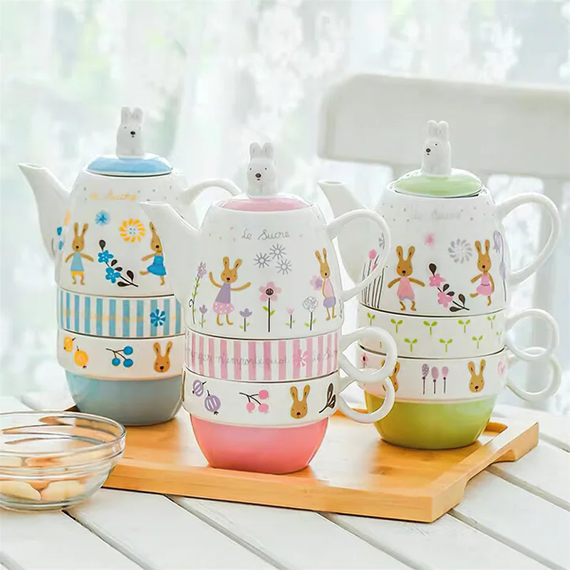 

Ceramic Layered Teapot Cup Set Korean Cartoon Porcelain Coffee Tea Set Drinking Utensils 1 Pot 2 Cups Teaware Sets Coffee Kettle