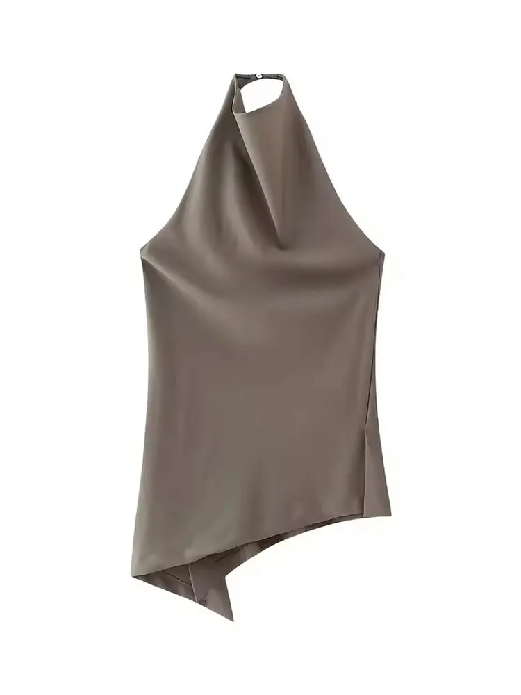 HH Womens Satin Halter Neck Top Asymmetrical Hem Sleeveless Blouse Elegant Party Club Summer Streetwear Crop Top 5