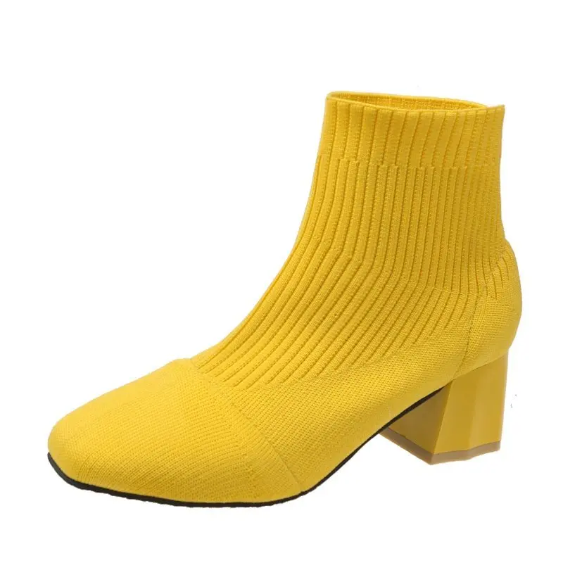 Autumn New Stretch Fabrics Sock Boots Women Shoe High Heels Square Heel