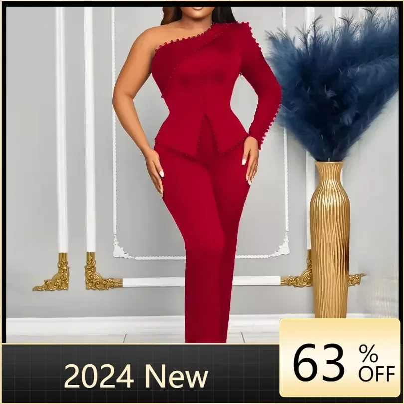 

Elegant Two Piece Set for Women Blazer Suits One Shoulder Pearls Long Sleeve Blouse + Wide Leg Pants Office Lady Outerwear