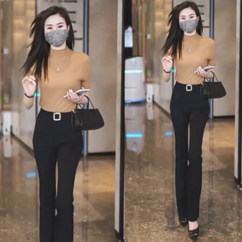 

Женские брюки с высокой талией, длинные брюки с завышенной талией, повседневный костюм на весну и осень