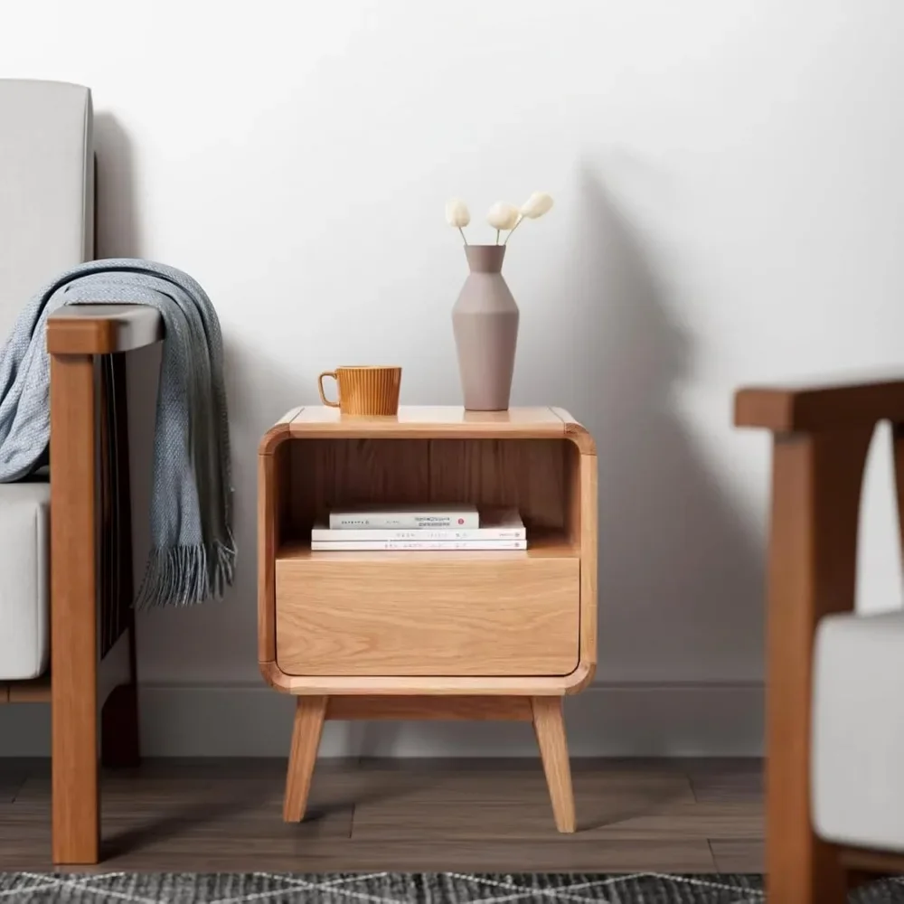 100% Solid Oak Wood Nightstand with Drawer & Storage Shelf - Practical Mid Century Modern Nightstand for Bedroom, Dormitory (Nat 5