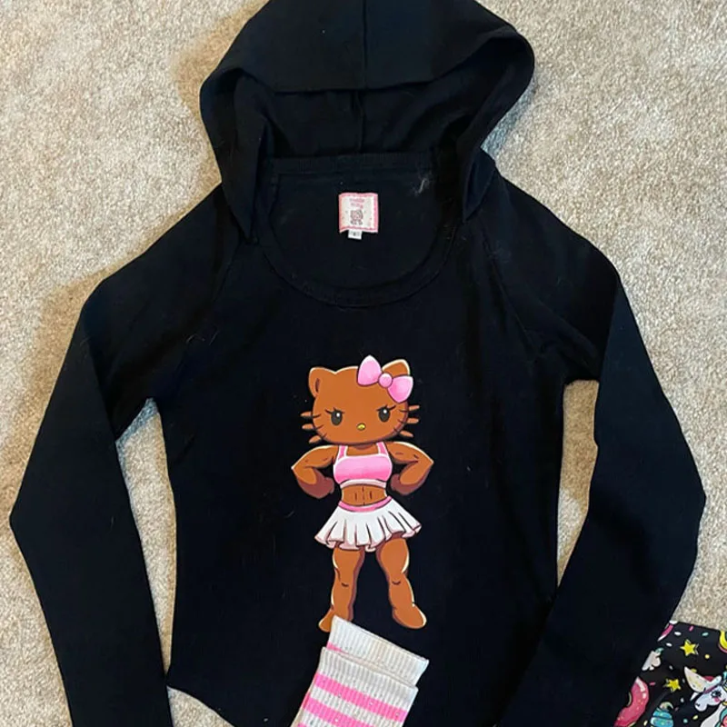 

Милый Тонкий Забавный фитнес-свитшот с капюшоном Hello Kitty для девушек Sanrios из черной кожи КТ-Кот с длинными рукавами Топы Одежда