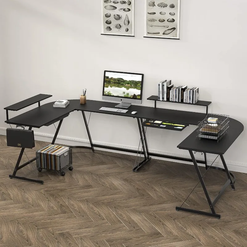 Vista L-Shape Desk with Monitor Stand, Black 2