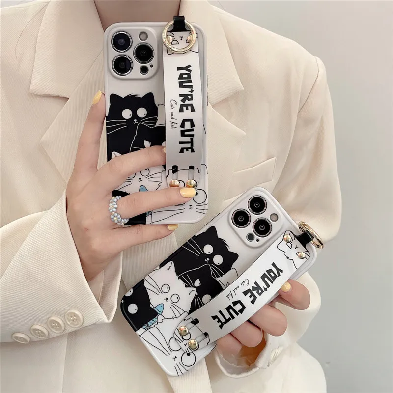 

Cute Funny Cartoon Cat Wrist Strap Phone Case for iPhone 14 14Pro 13 12 Pro 11 XS Max XR 8 7 Plus Soft Silicone Wristband Cover