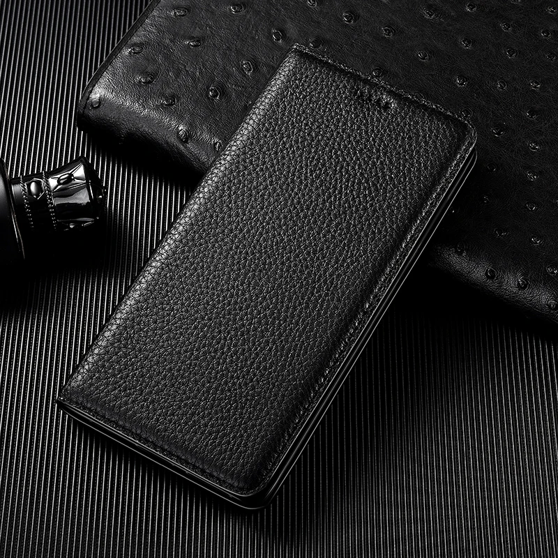 Luxurious Genuine Leather Lychee Pattern Wallet Flip Phone Case - Cowhide Scratch-Proof Design