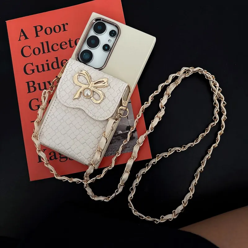 Elegant Chain Lanyard Leather Pearl Wallet Phone Case with Soft Cover