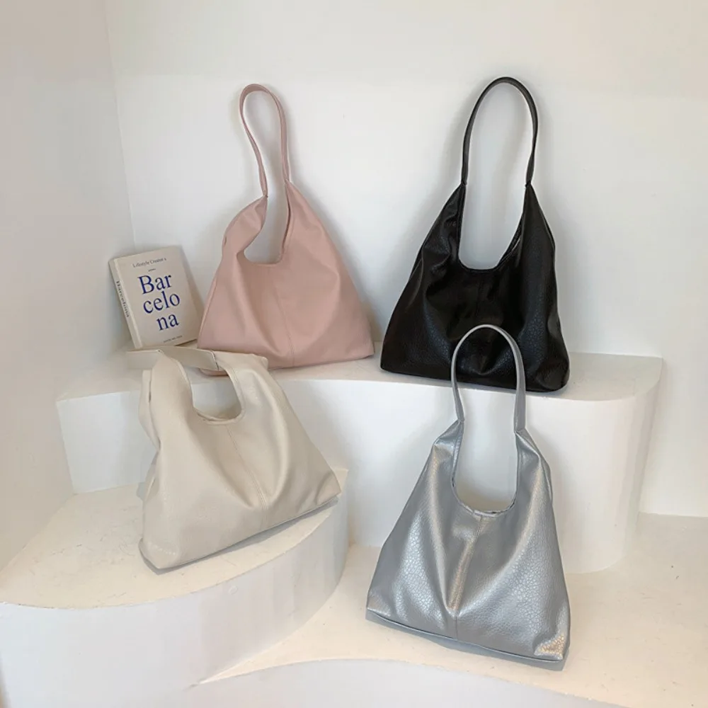 

Large capacity Shoulder Bag Simple Pure Color Soft Leather Bucket Handbag Underarm Bag Women