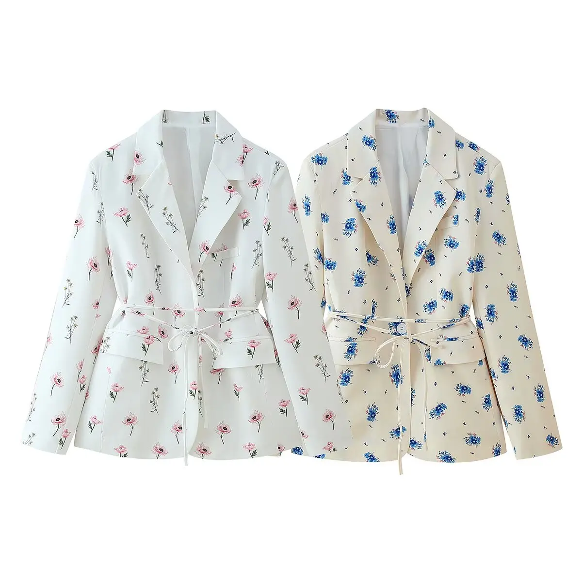 Floral Print Beige Blazer with Lace-Up Bow Belt and Front Pockets — photo 2