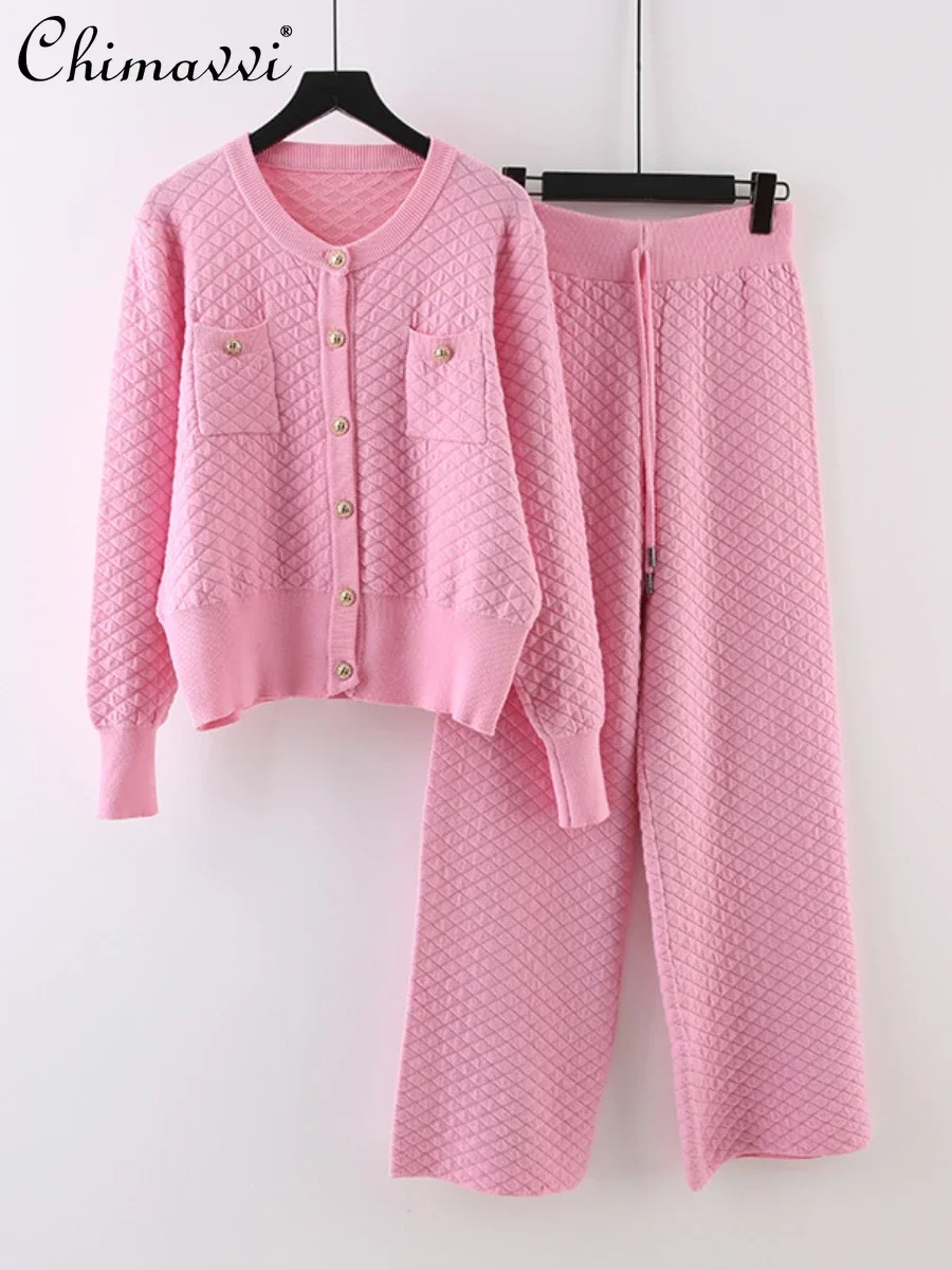 Graceful Fashion Casual Pink Knitting Suit Korean Style High-Grade Long Sleeve Loose Sweater Trousers Ladies Sweet Two-Piece Set vintage mid waist wide leg denim pants women s straight button splicing jeans ladies daily street casual commuter loose trousers