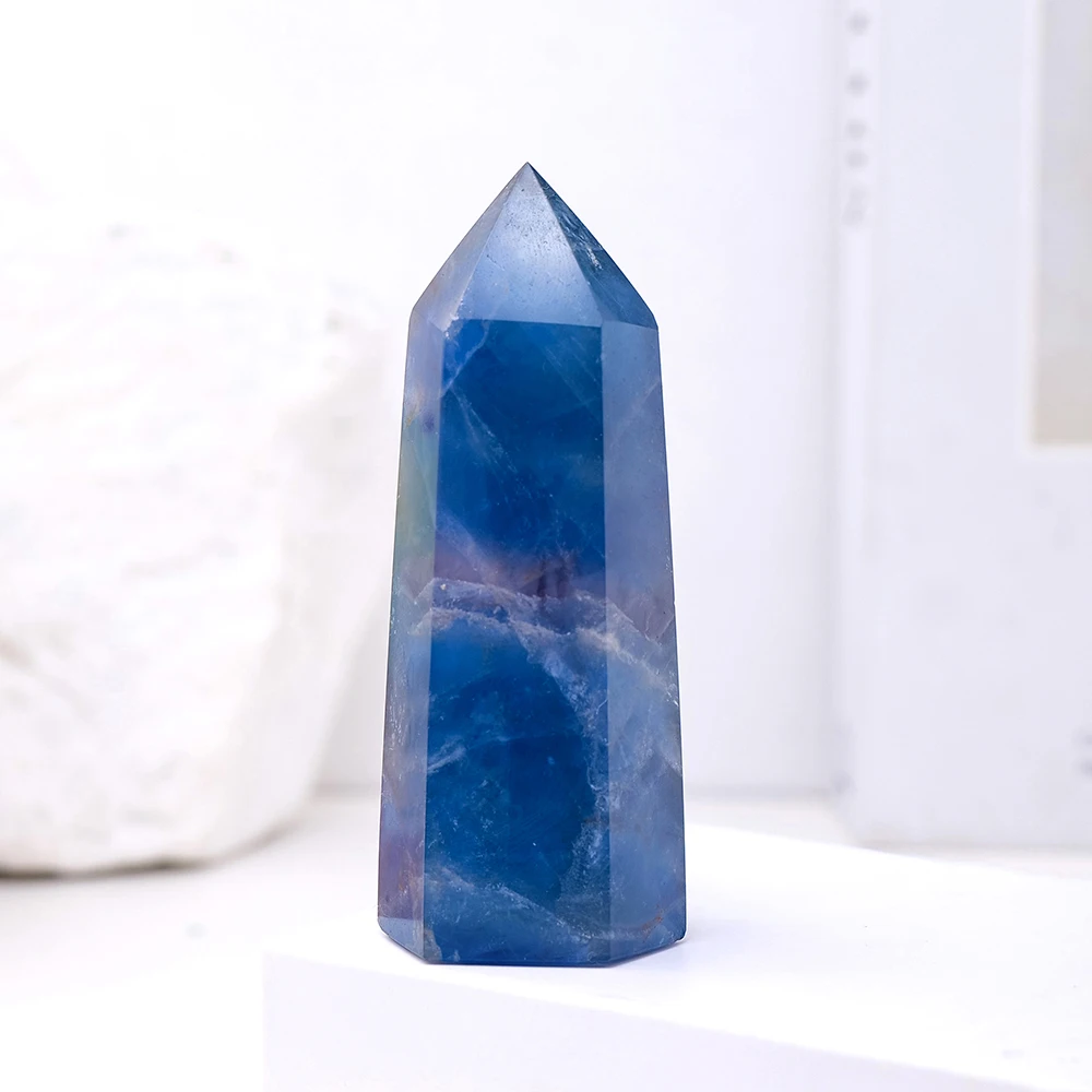 1PC Natural Crystal Blue Fluorite Point Wand Healing Gemstone Fluorite Crystal Column Quartz Tower Home Decoration 4