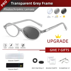 Vintage Oval Small Frame Photochromic Myopia Glasses - Blue Light Blocking Prescription Eyewear (C5 - Transparent Grey)