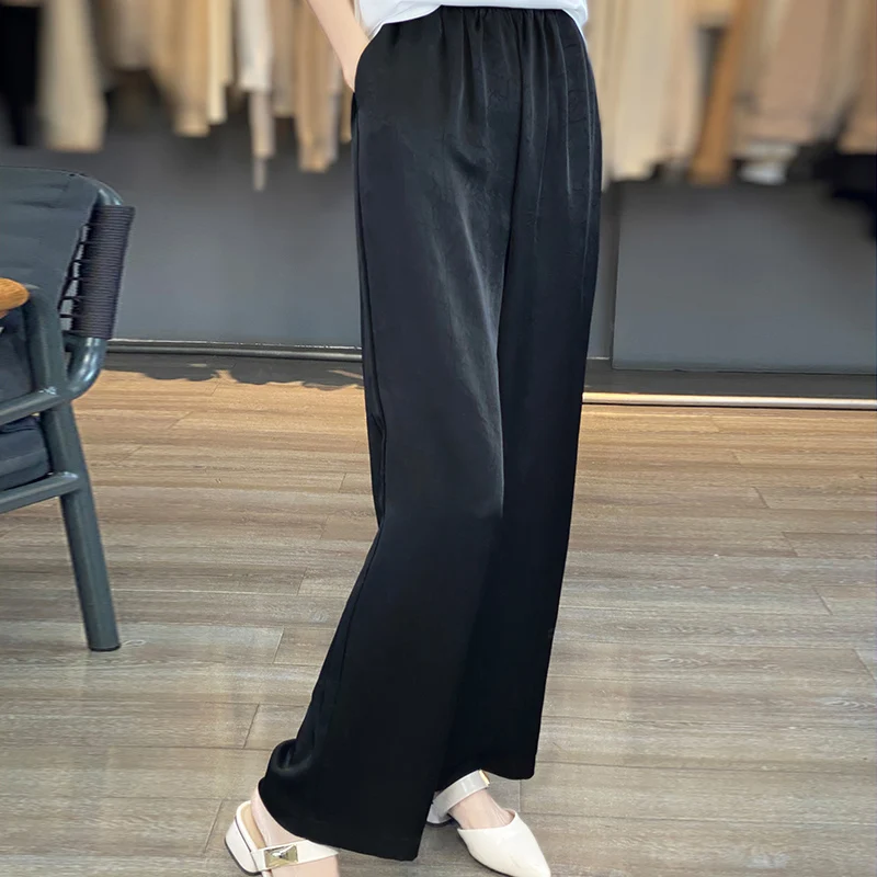 여성용 실키 새틴 스트레이트 레그 팬츠, 아세테이트 캐주얼 쿨 팬츠, 신축성 허리, 루즈 팬츠, 자외선 차단 바지, 2024 용수철 및 여름 