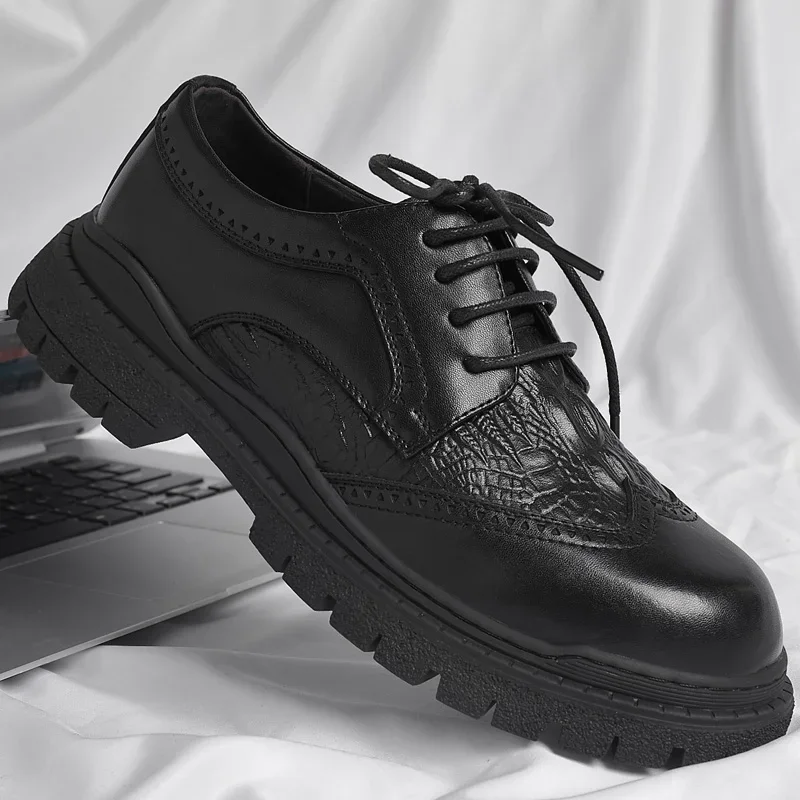 

Spring New Platform Leather Shoes Thick Sole Oxford Shoes Mens Business Lace Up Leather Shoes High Quality Elevated Casual Shoes