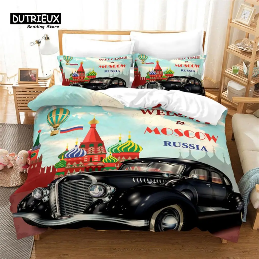 

Retro Car Duvet Cover Full Vintage Cars Bedding Set City Buliding Comforter Cover Pillowcases For Kids Boys Teens Bedroom Decor