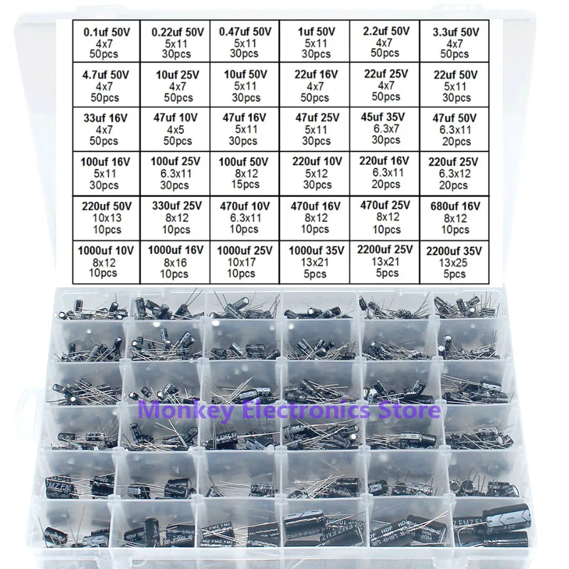 Aluminum Electrolytic Capacitor Set Box DIP 25V/35V 0.1uf-2200uf 36Value 960pcs