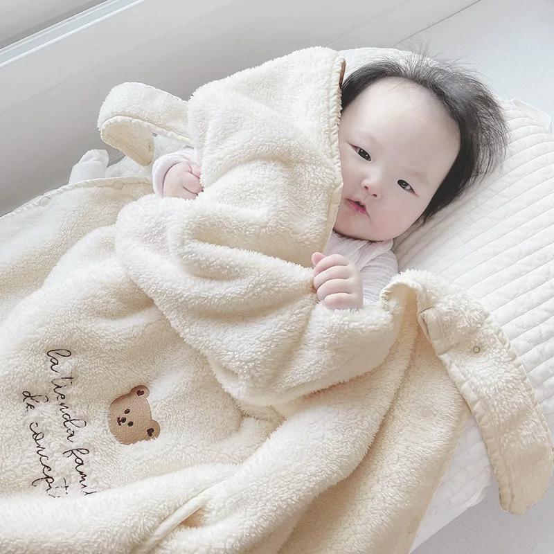 Flannel Baby Blanket Coral Fleece Stroller Cover Cute Bear Winter Windproof Kids Blankets Infant Nap Warm Quilt Swaddle Wrap 3
