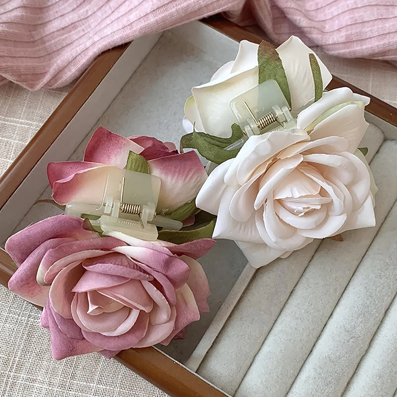 우아한 스위트 로즈 플라워 헤어 클립, 귀여운 상어 클립, 여성 패션, 꽃 헤어 액세서리, 머리 장식, 포니테일 헤어 클로