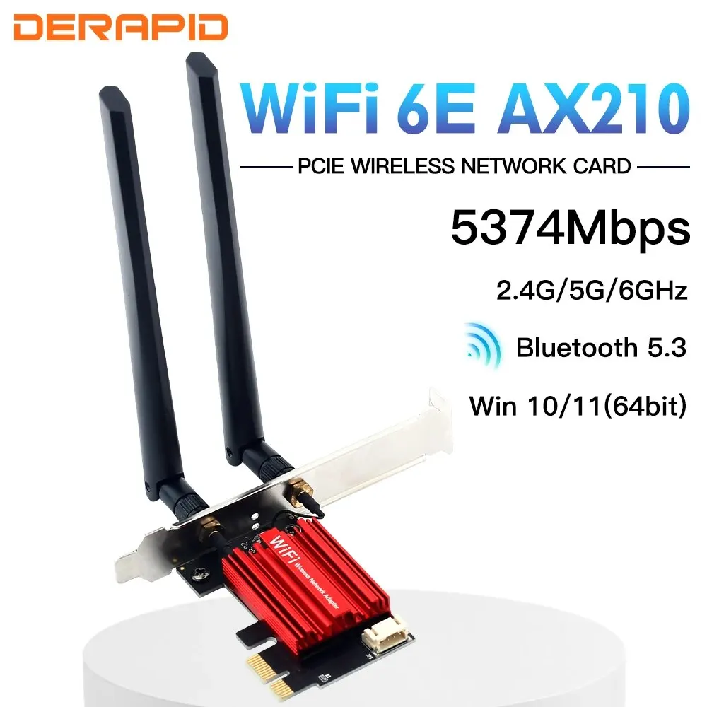 Адаптер Wi-Fi AX210 Bluetooth 5,3 5374 Мбит/с Интерфейс PCI-E Бренд DERAPID для настольных ПК 2,4G 5g 6g Поддержка частоты