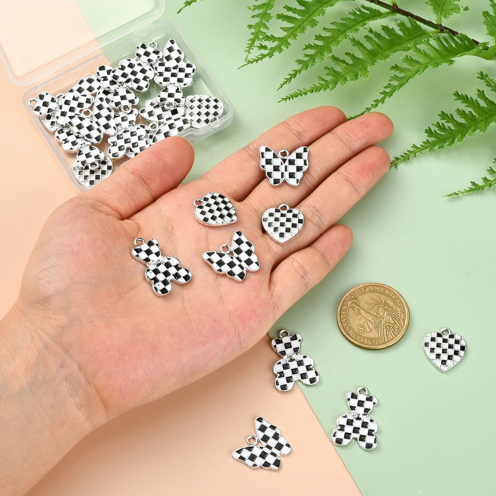 30Pcs 3 Styles Black and White Square Plaided Charm Enamel Heart Bear Butterfly Small Pendants for Jewelry Making DIY Findings