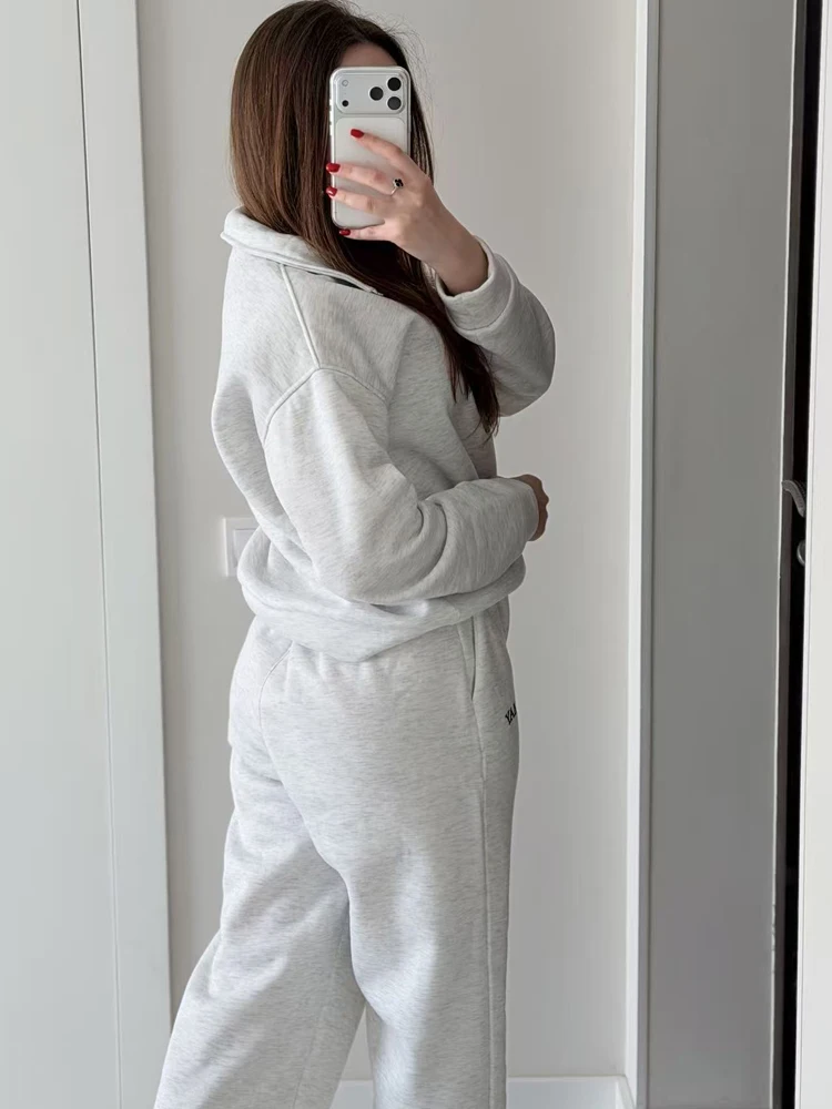FSMG Casual Cotton Tracksuit with Zipper Women's Oversize Long Sleeve Lapel Sweatshirt Elastic Waist Pant 2 Piece Set Sports Set 3