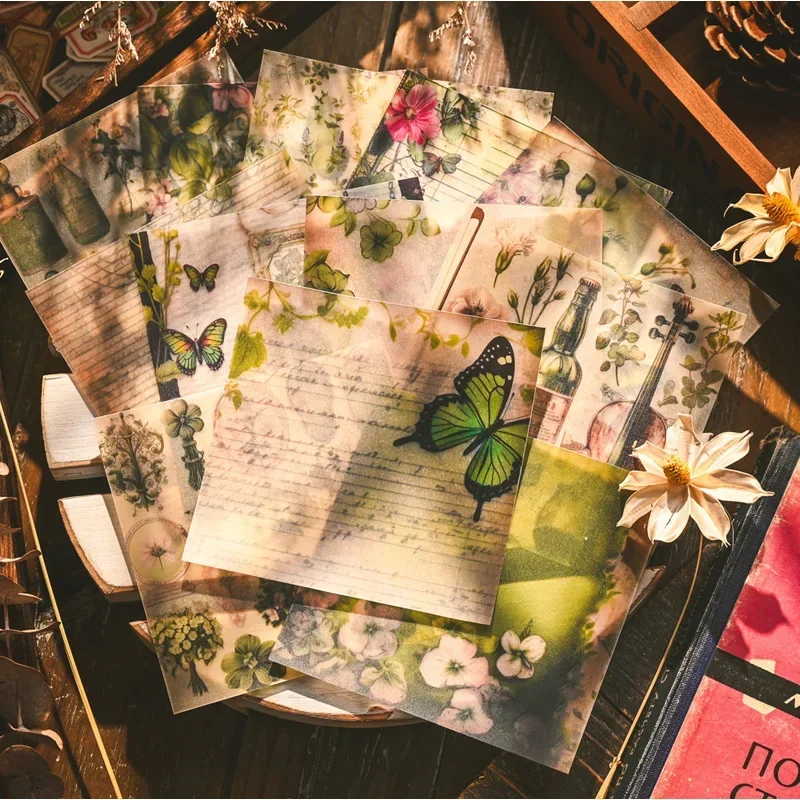 Vintage Butterfly Vellum Stickers Small Background Paper Plant Flower Transparent Stickers Scrapbooking Material 3"X3" 12 Sheet