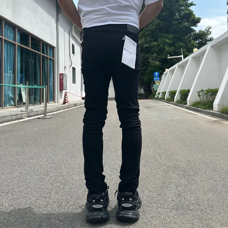 Latest Designer High Street Fashion New Jeans Elastic Slim Fit Retro Wash Black Jeans Hip Hop Brand Hole Patch Versatile Pants
