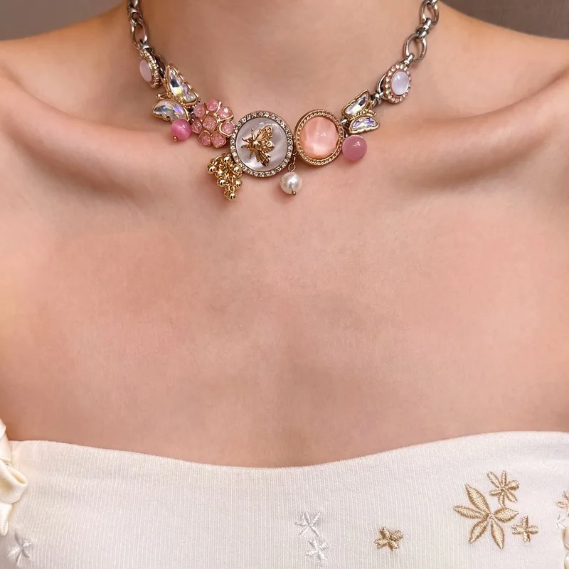Y2K Sweet Mixed Media Choker Necklace Pink Pearl and Framed Portrait Charms Fruit Drop Coquette Statement Jewelry Gift 4