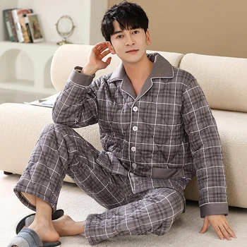 새로운 남성 겨울 두꺼운 따뜻한 클립 코튼 잠옷 정장 격자 무늬 남성 잠옷 느슨한 편안한 부드러운 L-4XL 남성 Loungewear