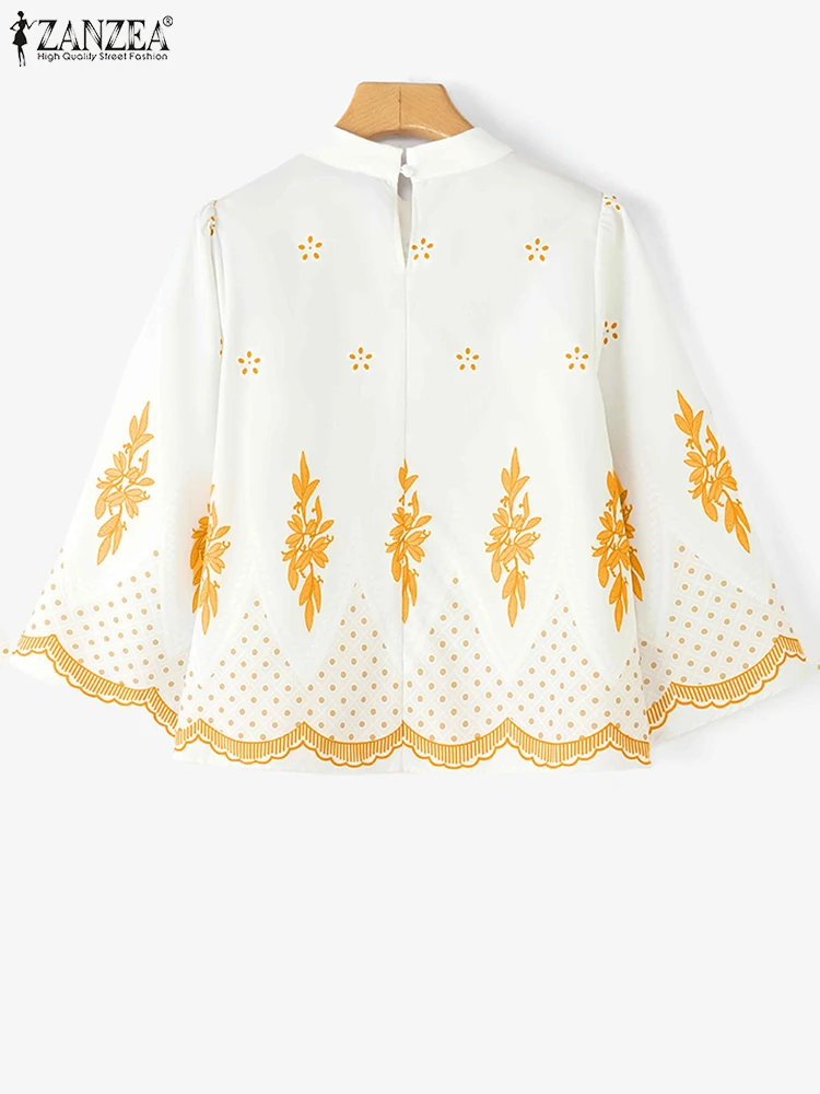 Women Summer Elegant Print Blouse Puff Sleeve Casual Tops