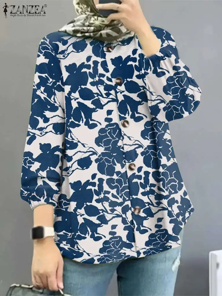 

ZANZEA Women Fashion Printed Blouse Muslim Long Sleeve Tops Dubai Turkey Abaya Bohemian Vintage FloralShirt Marocain Eid Mubarek