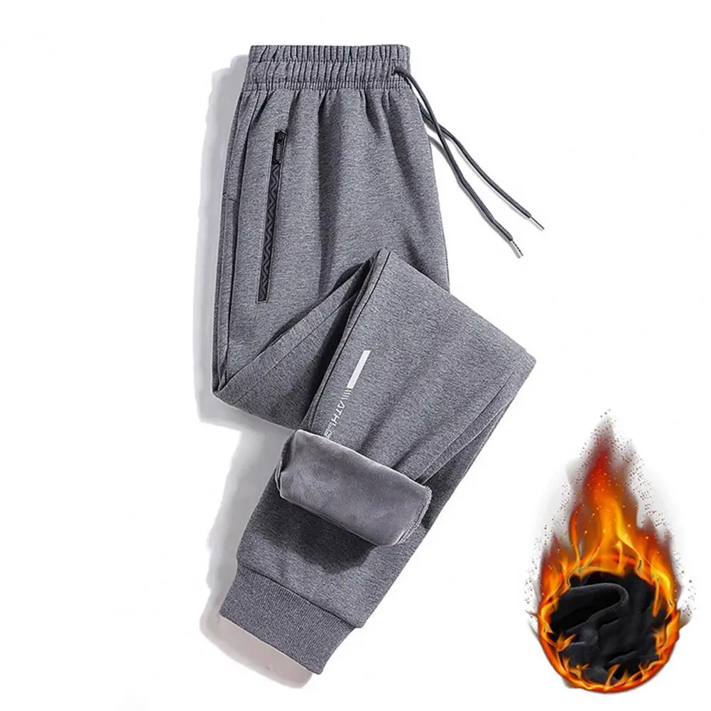 

Mid-rise Waist Sweatpants Men's Winter Fleece Lined Jogger Pants with Zippered Pockets Warm Casual Trousers for Cold Weather