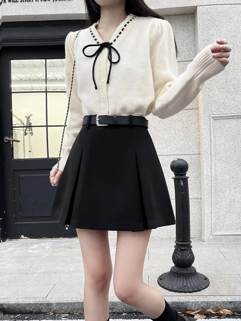 Retro Thickened Woolen A- Line Mini Skirt Women's High Waist Slimming Pleated Short Skirt Small Size Autumn New Style Hot Girl