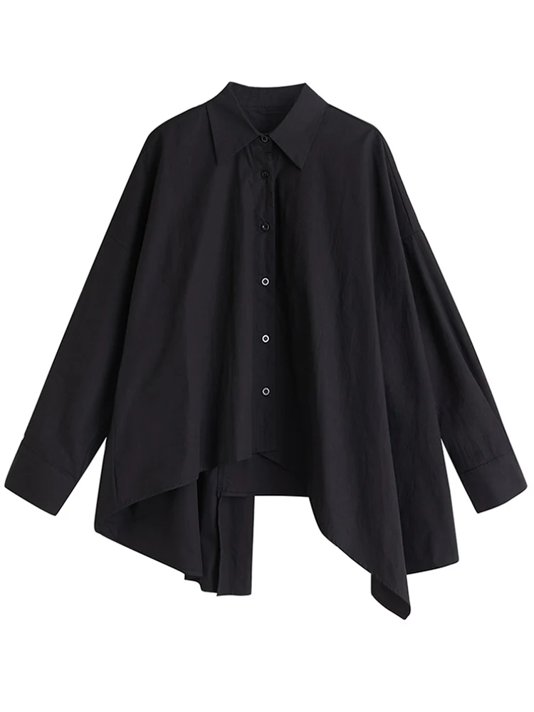 2025 Spring Autumn New Black Vintage Asymmetrical Oversized Shirt Women New Long Sleeve Loose Casual Blouse Top Fashion Clothing