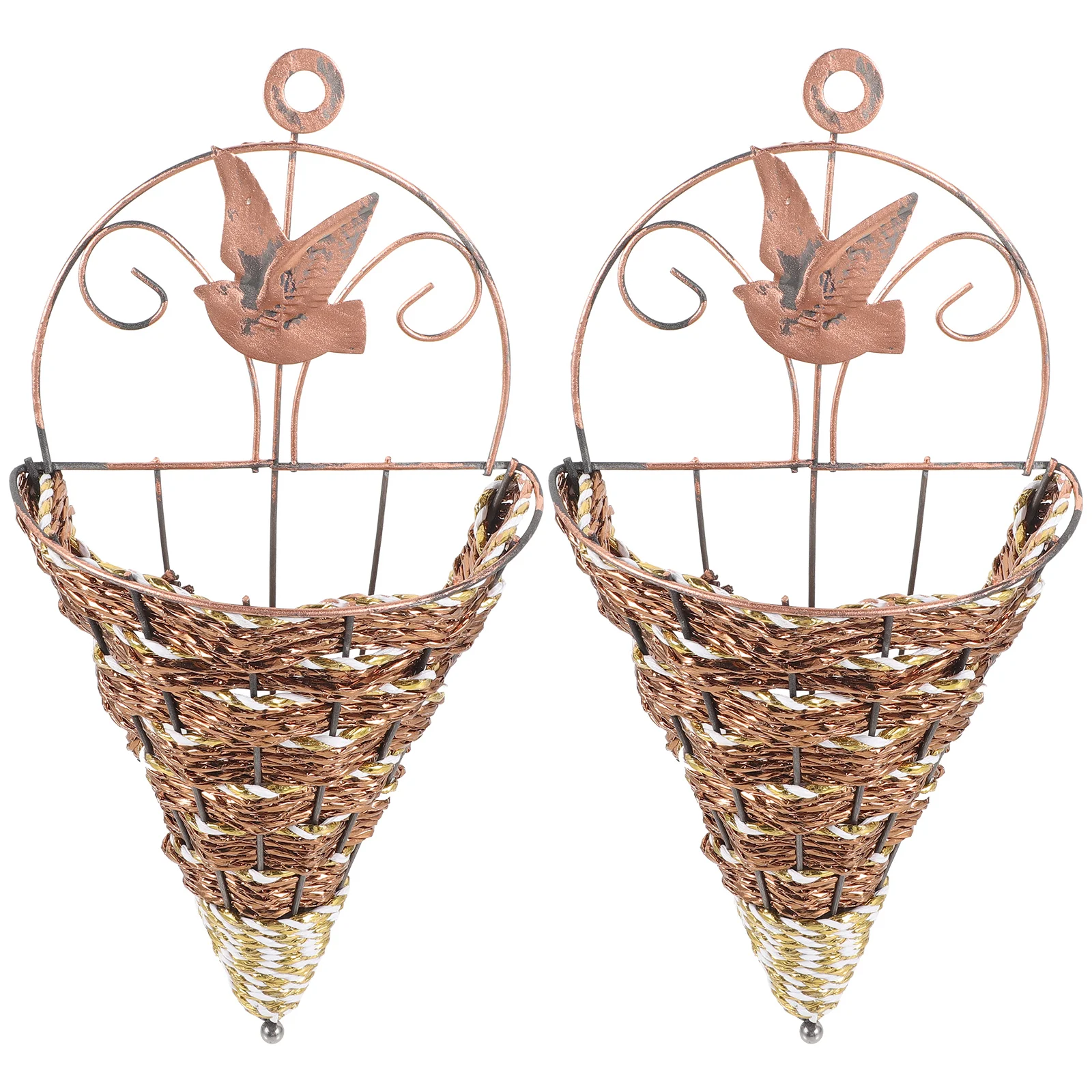 

2Pcs Cone Rattan Baskets Iron Wall Hanging Flower Basket Wall Fence Hanging Planter Retro Farmhouse Plant Cone Rattan