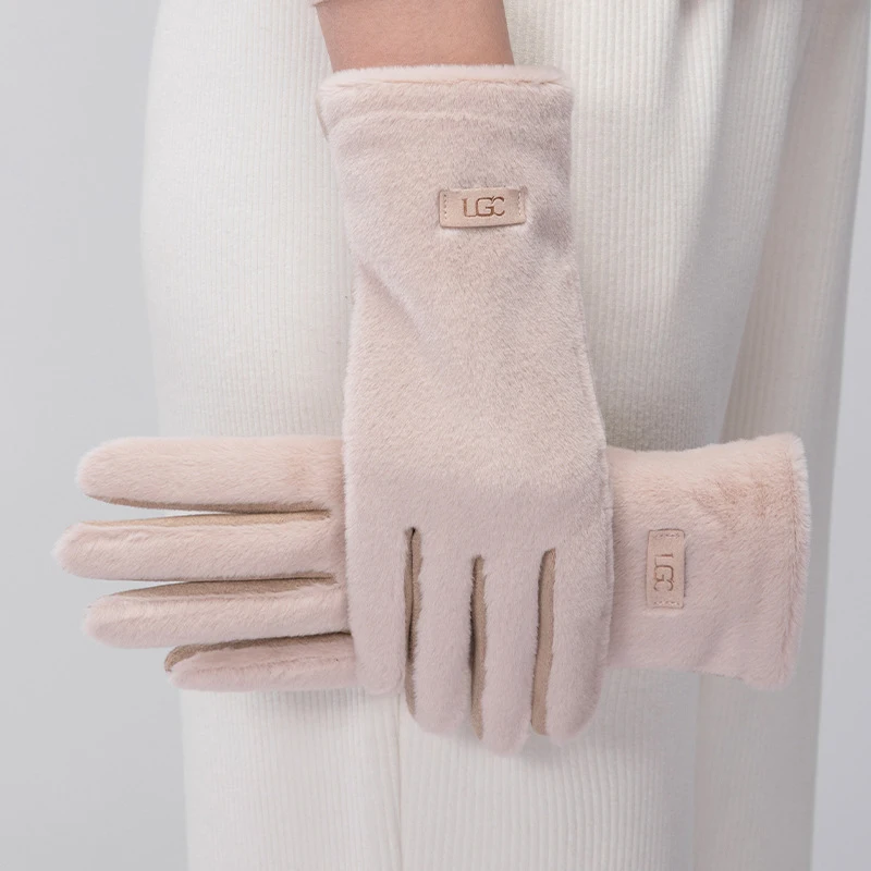 Gants femme daim imitation vison rose tactiles doux chauds élégants hiver