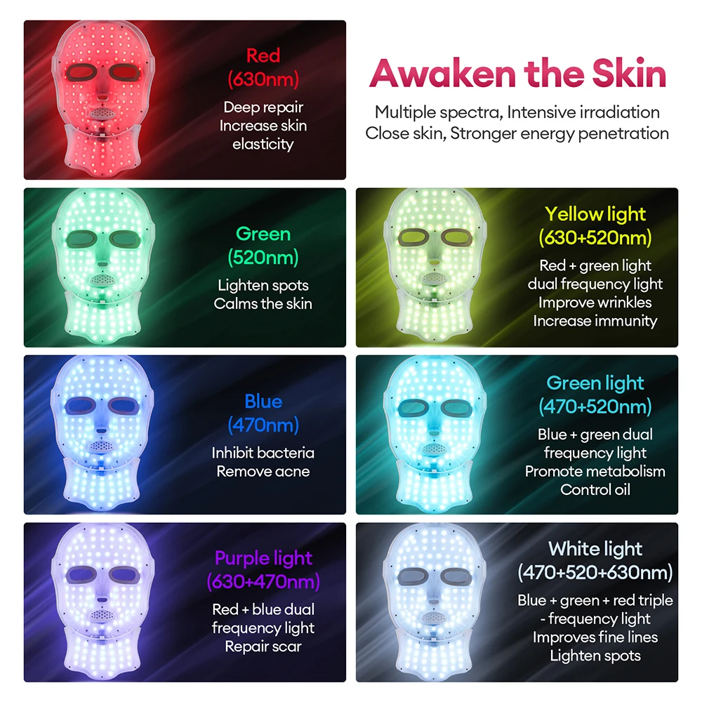 Wireless Face Neck Beauty LED Mask 7 Colors Photon Facial SPA Mask Red Light Skin Care Anti-Ance Repair Skin Brighten Skin Tone