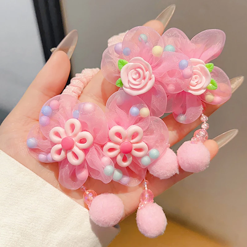 Charming Pink Flower Hair Ropes - Sweet Elastic Bands