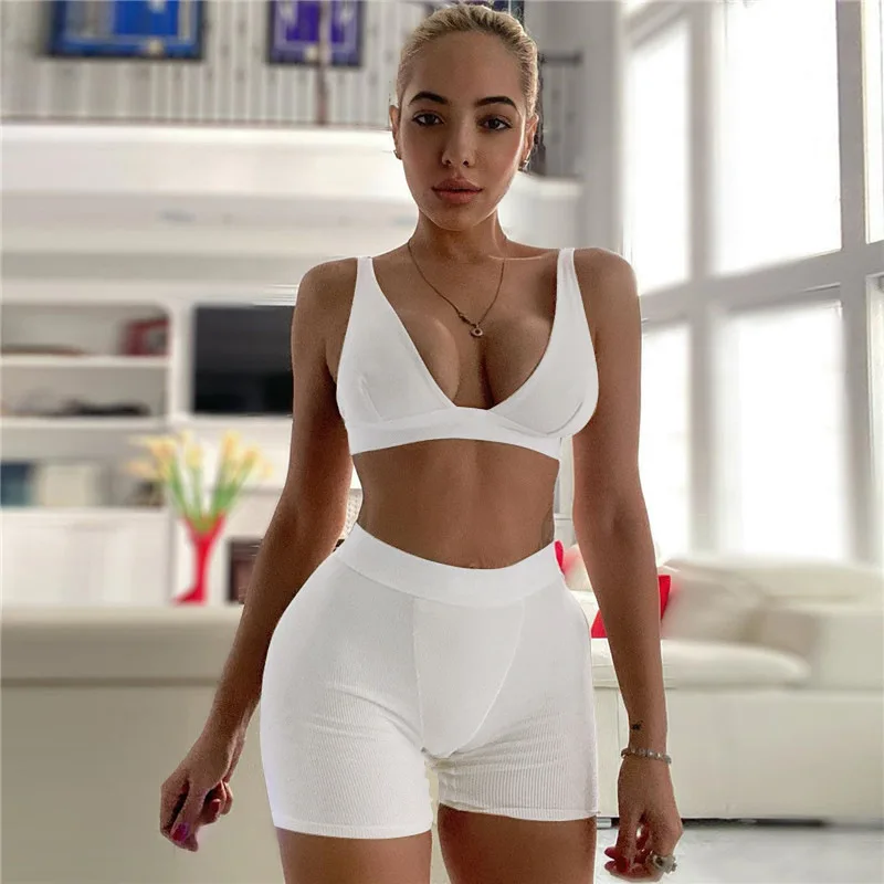 

2PCS/Set Sexy Women Sleeveless Strap Bra Bustiers Tank Vest Crop Tops High Waist Shorts Pants Trousers Tracksuit Summer 2021