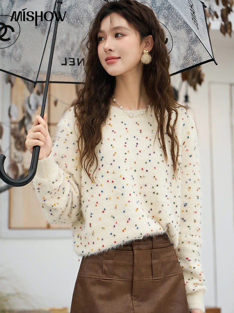 

MISHOW Mohair Dots Sweater Women 2023 Autumn Winter New Fashion Jumpers Casual Crew Neck Sweeet Knitted Pullover Top MXC52Z0332