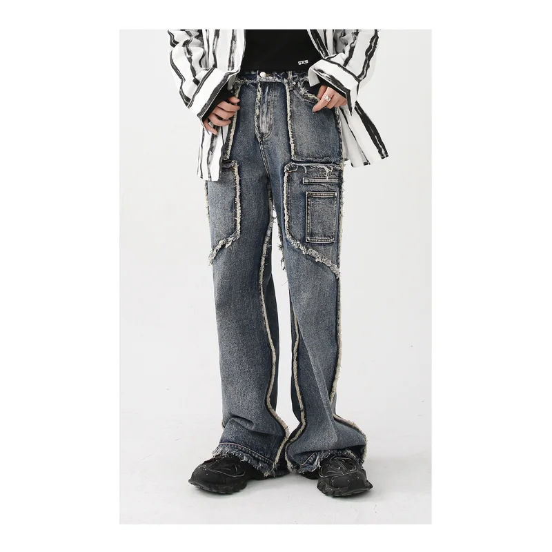 Autumn and Winter High Street Wide Leg Trousers Men's Pants New Autumn Vintage Wash Rough Edge Straight Tube Splicing Male Jeans